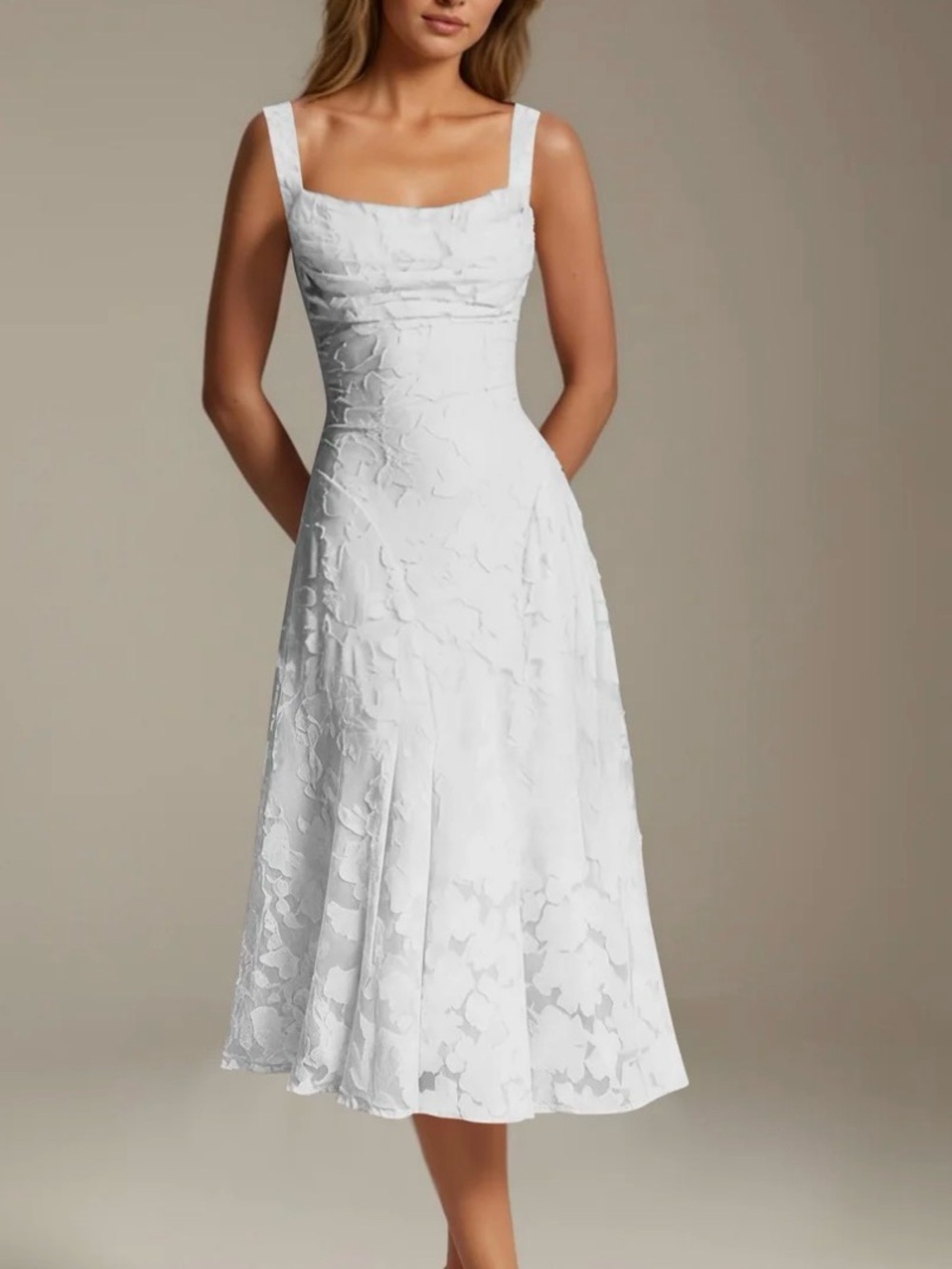 Square-Neck White Lace Midi Dress